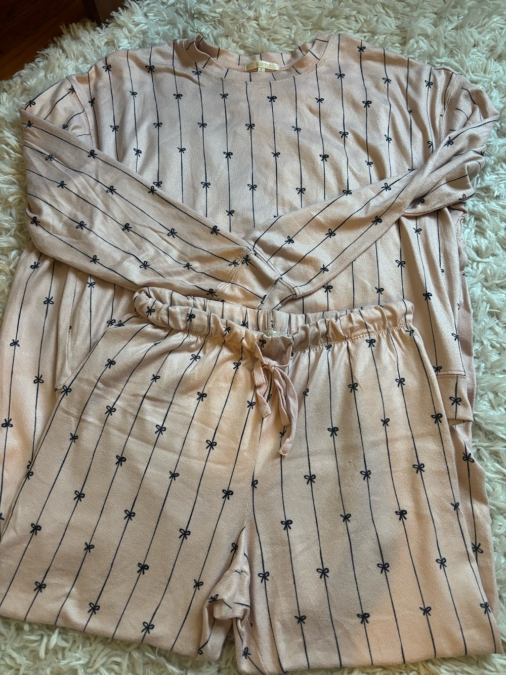 Light Pink Knit Lounge Set with Bow Stripe Print